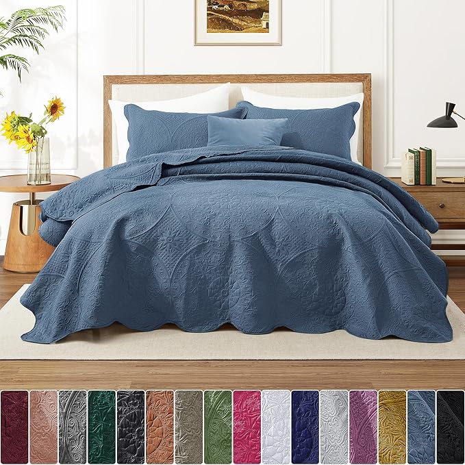 IR Imperial Rooms King Quilt Bedding Set Size (106" x 96") + 2 Pillow Shams (20" x 36"+ 2") - 3 Pcs All Season Lightweight Reversible Microfiber Coverlet Floral Embossed Quilt Bedspread (Light Blue)