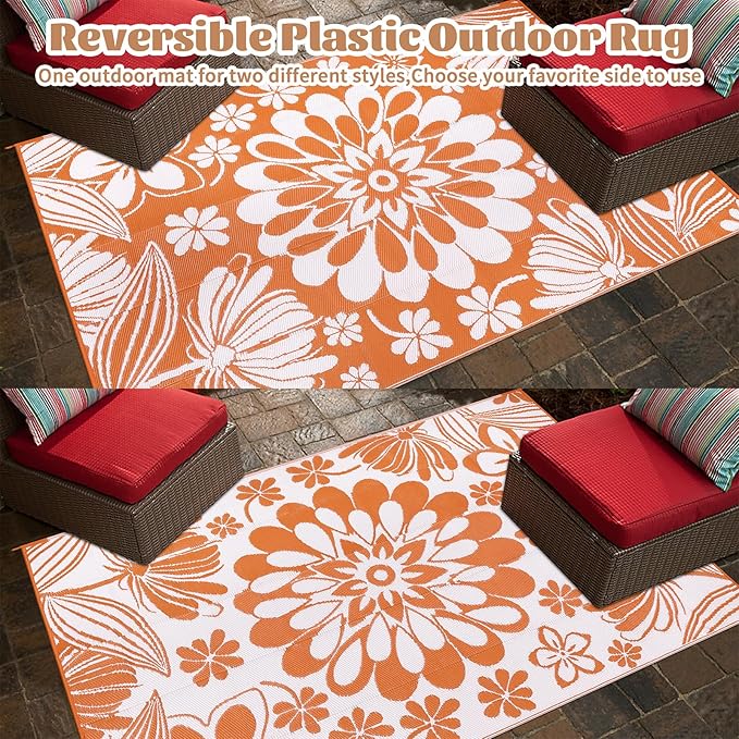 Ileading Outdoor Plastic Straw Rug 5x8ft Funny Floral Style Reversible Patio Area Rugs Waterproof Non Shedding Portable Carpets for Rv Outside Deck Pool Beach Picnic Camping (Orange)