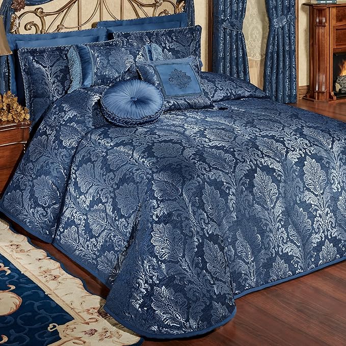 Touch of Class Camelot Luxury Bedding | Calming Navy Blue | Matte Satin Damask on Richly Textured Jacquard-Woven Chenille | Designed 3 Piece Set Includes Queen Bedspread and 2 Standard Shams