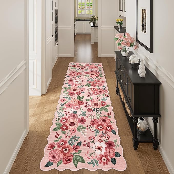 DUKINO 2x6 Runner Rug for Hallway, Washable Kitchen Rug with Non Slip Backing & Non-Shediing, Soft Low Pile Floral Design Runner for Bedroom, Kithchen, Living Room, Laundry, Bathroom, Pink