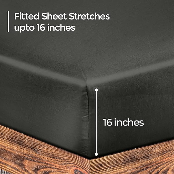 ROYALE LINENS 300 Thread Count 100% Long Staple Combed Cotton Fitted Sheet Twin - Super Soft Deep Pocket Bottom Sheet - Fitted Sheets Only - Elastic Sheets (Twin, Black)