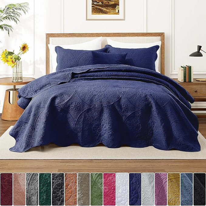 IR Imperial Rooms Twin Quilt Bedding Set Size (68” x 86”) + 1 Pillow Shams (20” x 26” + 2”) - 2 Pcs All Season Lightweight Reversible Microfiber Coverlet Floral Embossed Quilt Bedspread (Blue)