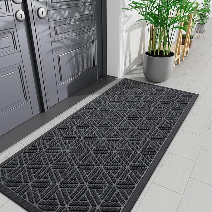 Smiry Front Door Mat Outside Entrance, Heavy Duty Sturdy Natural Rubber Doormat, Trap Dirt and Moisture, Easy Clean Low Profile Mats for Indoor Outdoor Entry, Grid Geometric (71x24, Grey)