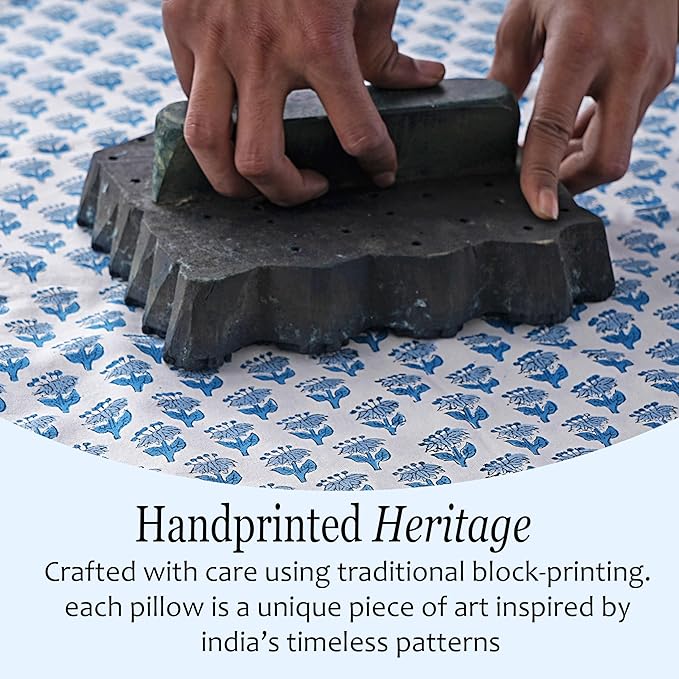 CPC Apatite Blue 100% Cotton Block Print Ruffle Sham Cover 20X36 inch Pack of 2, Handmade Boho Floral Pillowcase, Soft Decorative King Bed Pillow Cover for Bedroom Décor