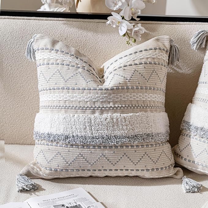 BlissBlush Gray Decorative Throw Pillow Cover 20x20 Combo Set of 2 Square Boho Neutral Grey Accent Pillowcase Tassels Farmhouse Cushion for Couch Sofa Bedroom Living Room Home Décor Cover ONLY