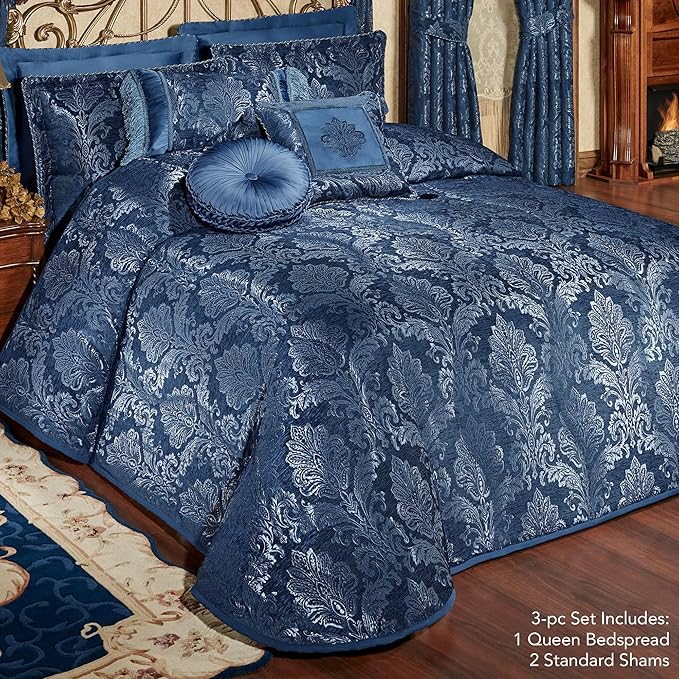 Touch of Class Camelot Luxury Bedding | Calming Navy Blue | Matte Satin Damask on Richly Textured Jacquard-Woven Chenille | Designed 3 Piece Set Includes Queen Bedspread and 2 Standard Shams