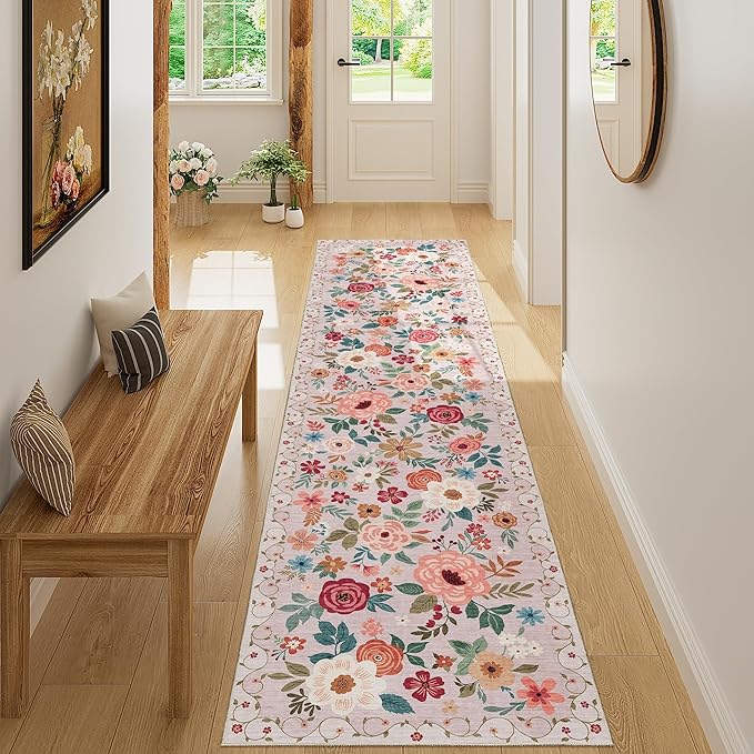 DUKINO 2x8 Runner Rug for Hallway, Washable Kitchen Runner Rug with Rubber Backing Non Slip, Low Pile Soft Boho Floral Thin Carpet for Entryway, Hallway, Bathroom, Laundry Room, Beige