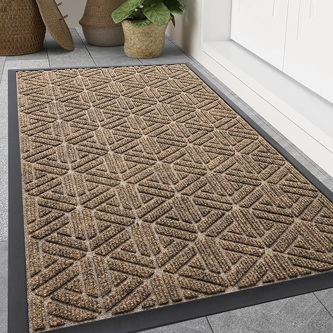Smiry Front Door Mat Outside Entrance, Heavy Duty Sturdy Natural Rubber Doormat, Trap Dirt and Moisture, Easy Clean Low Profile Mats for Indoor Outdoor Entry, Grid Geometric (47x32, Brown)