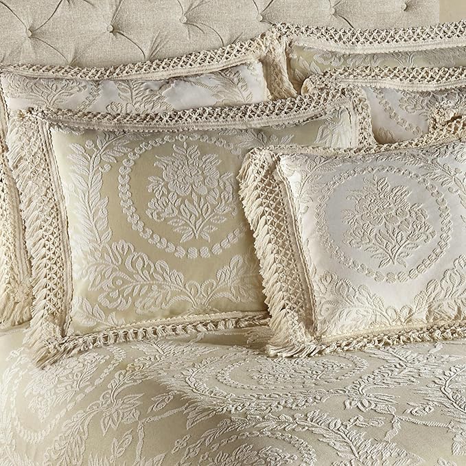 Timeless Vintage Style Bedding with Fringe Edges | Neutral Sage and Ecru | Textured Matelasse Rose Medallions and Leaves | 3-Pc Lightweight Bed Set: Oversized Full Bedspread & 2 Standard Pillow Shams