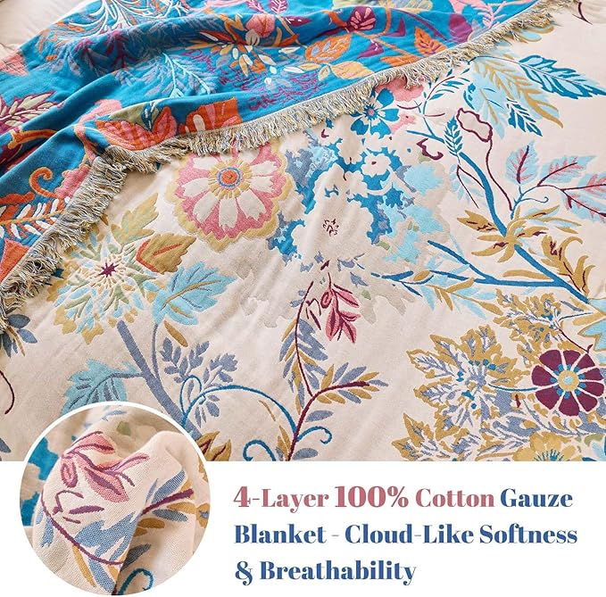 MSGKV Boho Throw Blanket for Bed Cotton 60"x80" Floral Blanket Twin Size Couch All Seasons Muslin Breathable Lightweight Farmhouse Blankets