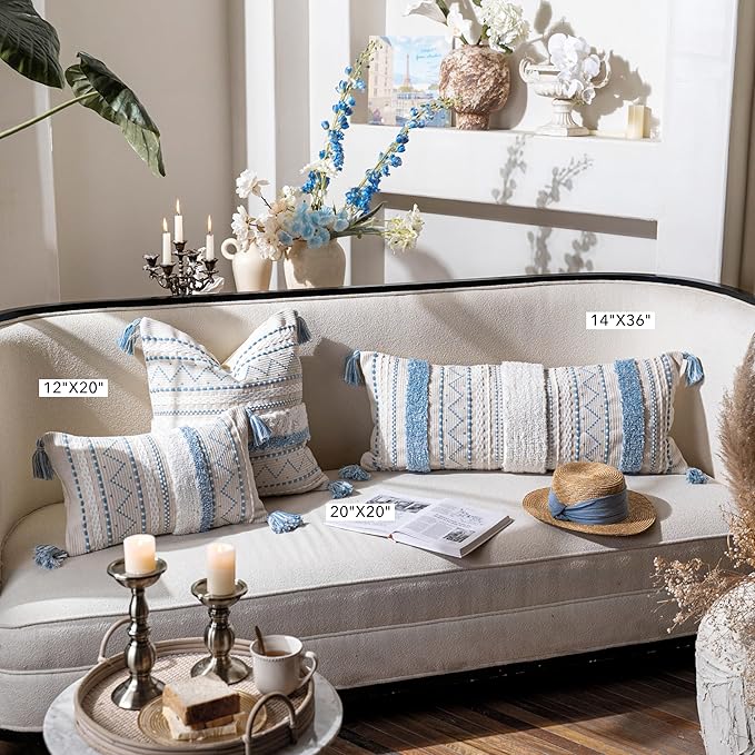 BlissBlush Blue Decorative Lumbar Throw Pillow Cover 12x20 Combo Set of 2 Rectangular Coastal Boho Accent Pillowcase Neutral Farmhouse Cushion for Couch Sofa Bedroom Living Home Décor Cover ONLY