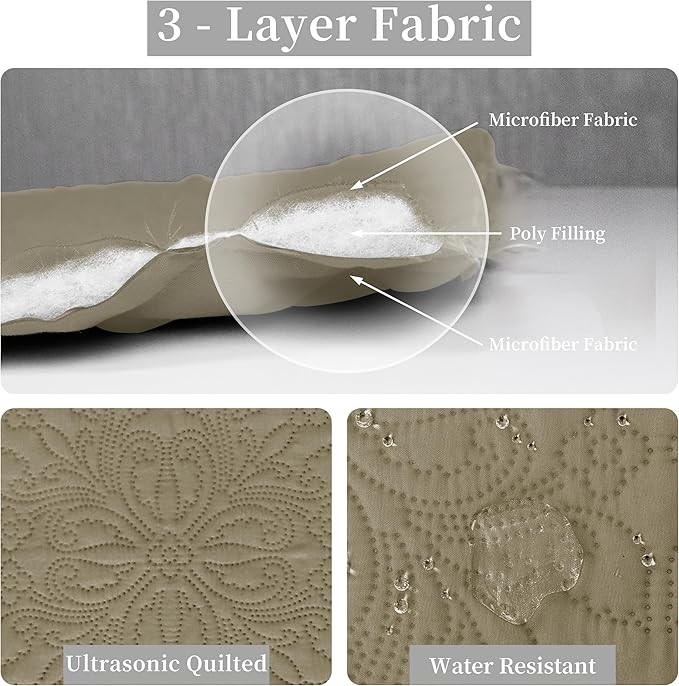 Easy-Going King Size Reversible Quilt Set with 1 Quilt and 2 Pillow Shams, Soft Bed Quilt Cover, Water Resistant Lightweight Microfiber Bedspread, Stain Resistant, Damask-Beige/Beige