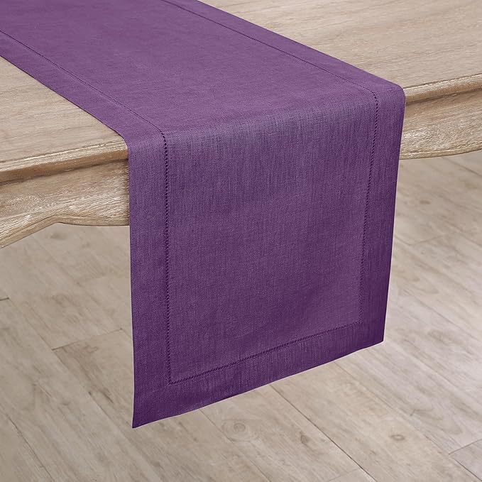 Solino Home Linen Purple Table Runner 36 Inches - Classic Hemstitch, 100% Pure Linen Coffee Table Runner 14 x 36 Inch Ideal for Dresser Tables - Winter, Holiday, Christmas