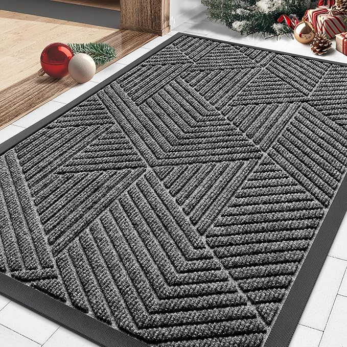 Smiry Front Door Mat Outside Entrance, Heavy Duty Sturdy Natural Rubber Doormat, Trap Dirt and Moisture, Easy Clean Low Profile Mats for Indoor Outdoor Entry, Irregular Triangle (29.5x17, Silver Grey)