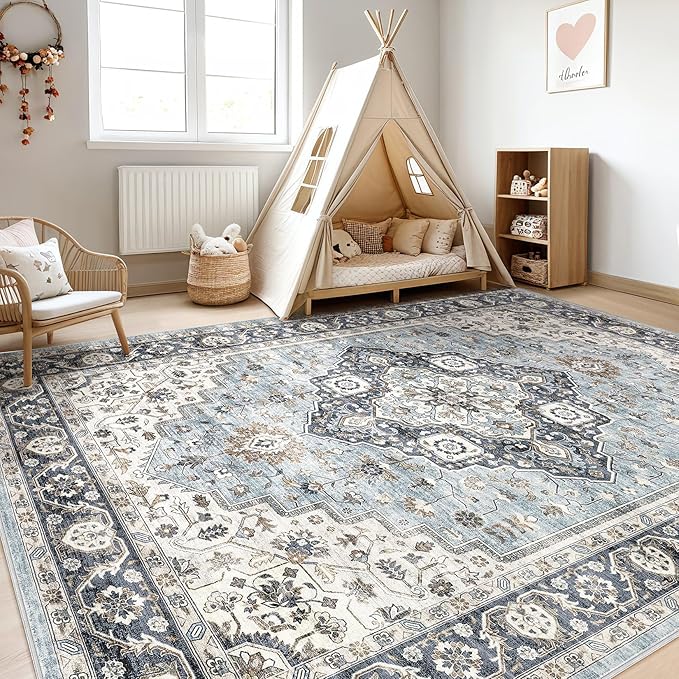 10x12 Area Rug Living Room: Washable Boho Large Neutral Vintage Soft Rugs Stain Resistant Farmhouse Non-Slip Indoor Floor Carpet for Bedroom Nursery Kids Playroom Office Dining Room- Tan Blue