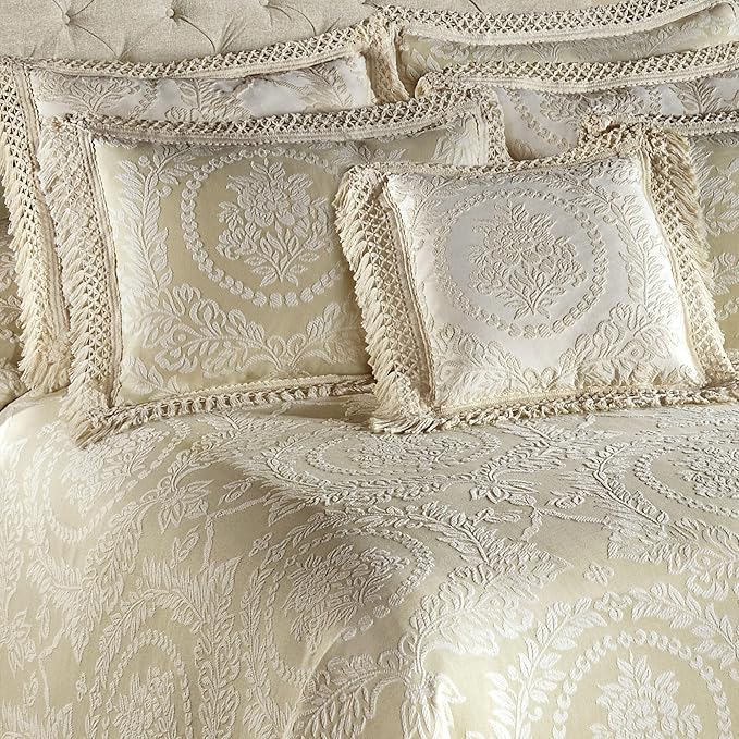 Timeless Vintage Style Bedding | Neutral Sage and Ecru | Textured Matelasse Rose Medallions and Leaves | 6 Piece Lightweight Bed Set: Oversized King Bedspread, 4 King Shams, & Square Decorative Pillow
