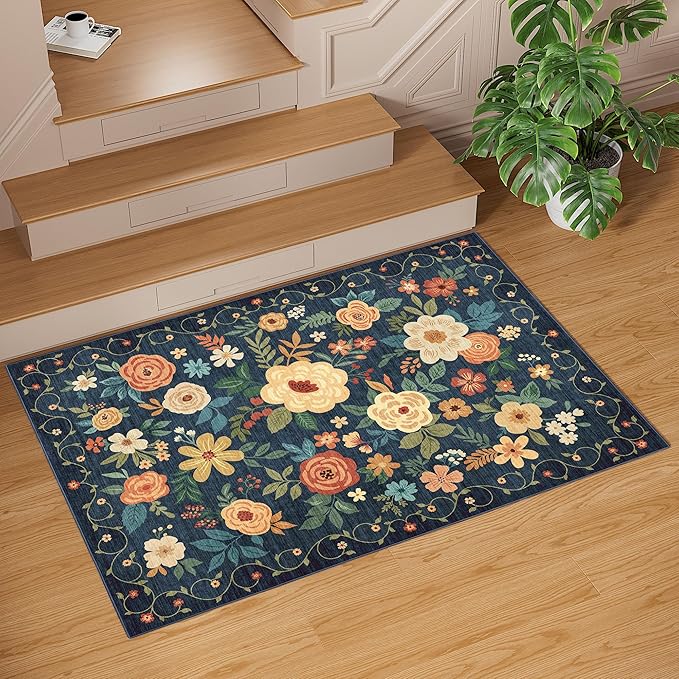 DUKINO 2x3 Rugs for Entryway, Floral Indoor Washable Door Mat, Non Slip Boho Small Rug for Kitchen, Soft Low Pile Front Door Throw Rug for Entrance, Bedroom, Kitchen, Laundry, Bathroom, Dark Blue