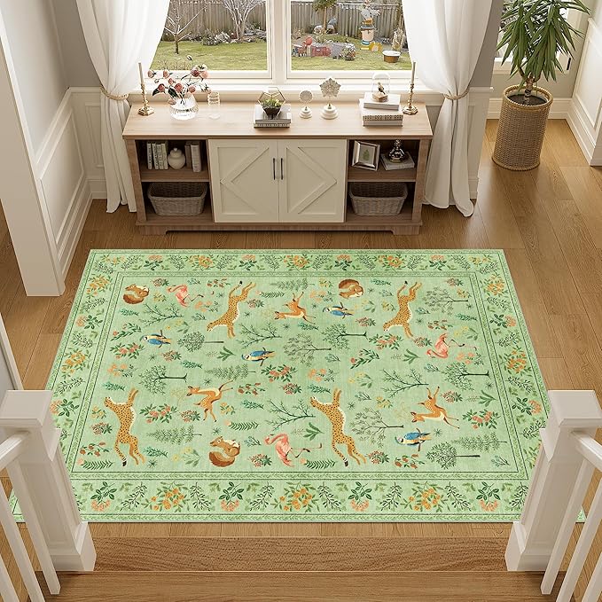 DUKINO 4x6 Rug, Washable Animal Area Rug with Non Slip Vintage Design, Indoor Soft Low Pile Carpet for Bedroom, Nursery, Dining Room, Farmhouse, Playroom, Light Green