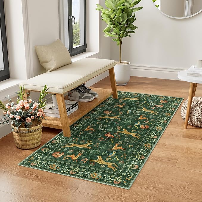 DUKINO 2x4 Rug for Hallway, Washable Kitchen Runner Rug with Non Slip Backing, Soft Low Pile Vintage Animal Runner for Bedroom, Kitchen, Hallway, Entryway, Laundry, Green