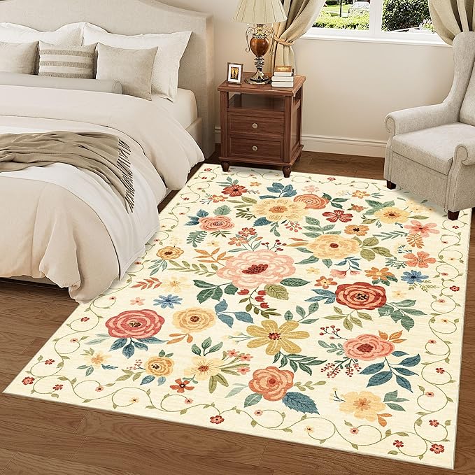 DUKINO 8x10 Area Rug, Floral Rugs for Living Room, Lightweight Non Slip Washable Rug, Indoor Low Pile & Non-Shedding Boho Design Rugs for Bedroom, Living Room, Dining Room, Beige Yellow