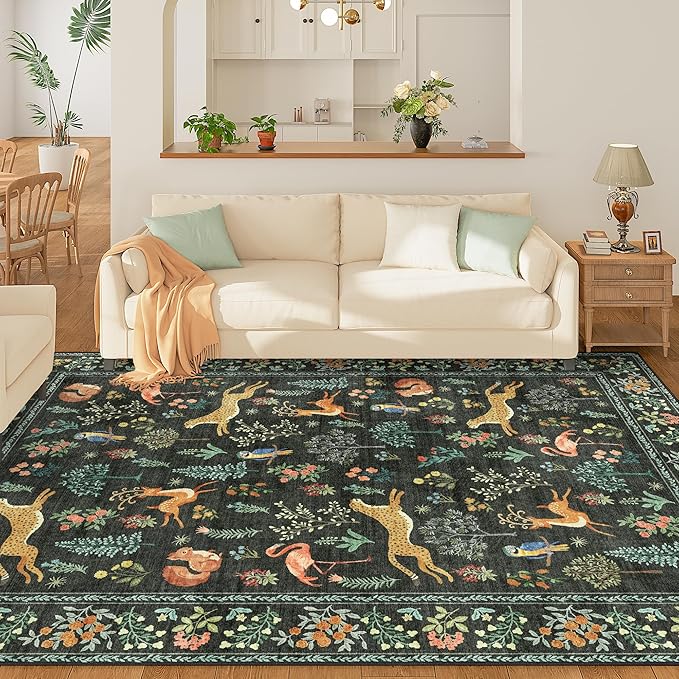 DUKINO 6x9 Rug, Washable Animal Living Room Rug with Non Slip Vintage Design, Soft Low Pile Large Carpet for Bedroom, Nursery, Dining Room, Farmhouse, Playroom, Black