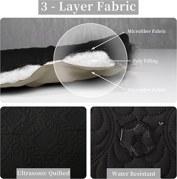 Easy-Going Full/Queen Size Reversible Quilt Set with 1 Quilt and 2 Pillow Shams, Soft Bed Quilt Cover, Water Resistant Lightweight Microfiber Bedspread, Stain Resistant, Olive Leaf-Black/Beige