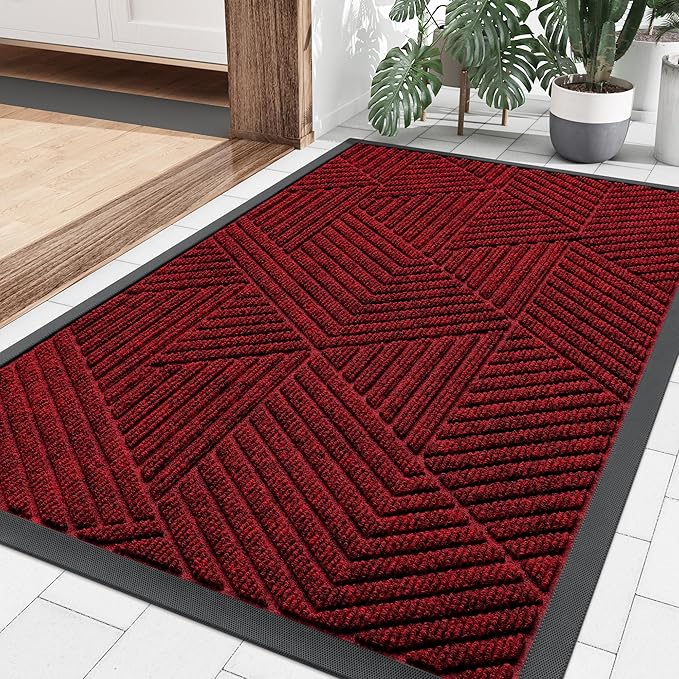 Smiry Front Door Mat Outside Entrance, Heavy Duty Sturdy Natural Rubber Doormat, Trap Dirt and Moisture, Easy Clean Low Profile Mats for Indoor Outdoor Entry, Irregular Triangle (29.5x17, Deep Red)
