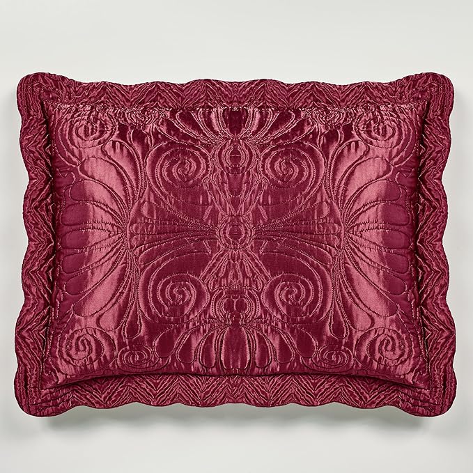 Touch of Class Portia Luxury Bedding | Rich Ruby Red | Premier Quilted Polyester Satin | Romantic Hand Guided Machine Quilted Scroll Design 3 Piece Set with Full Bedspread and 2 Standard Shams