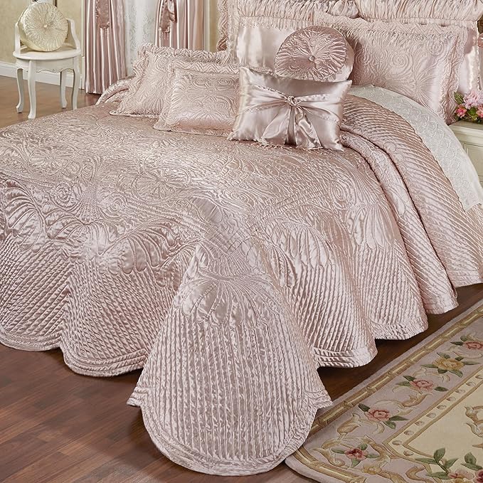 Touch of Class Portia Luxury Bedding | Posh Rose Quartz | Premier Quilted Polyester Satin | Romantic Hand Guided Machine Quilted Scroll Design 3 Piece Set with Full Bedspread and 2 Standard Shams