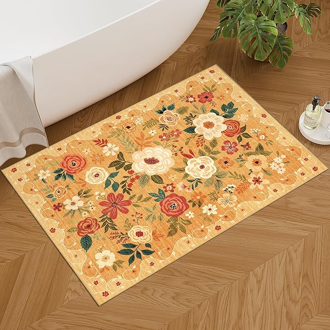 DUKINO 2x3 Rugs for Entryway, Floral Indoor Washable Door Mat, Non Slip Boho Small Rug for Kitchen, Soft Low Pile Front Door Throw Rug for Entrance, Bedroom, Kitchen, Laundry, Bathroom, Orange