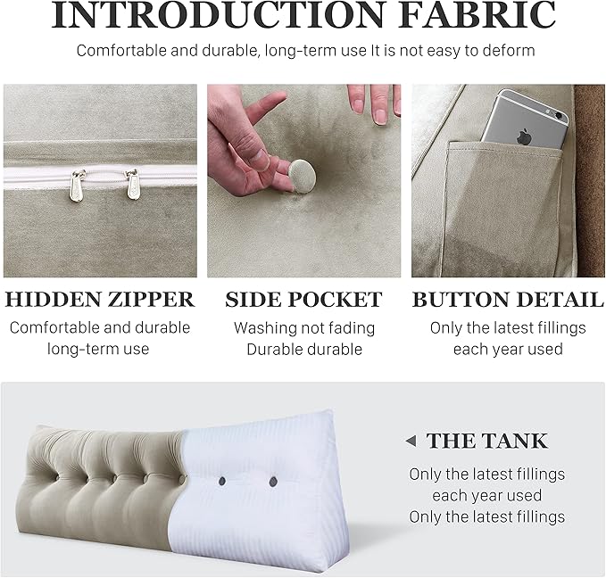 Wedge Headboard Pillow Dorm Room Reading Pillow Back Support for Sitting Up in Bed Bolster Lumbar Cushion Body Positioning Bedrest Velvet 59in Light Tan Queen