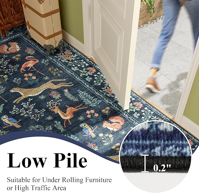 DUKINO Runner Rug, 2x8 Washable Kitchen Rugs for Hallways with Non Slip Backing, Soft Low Pile Vintage Animal Runner for Kitchen, Hallway, Entryway, Laundry, Bedroom, Navy Blue