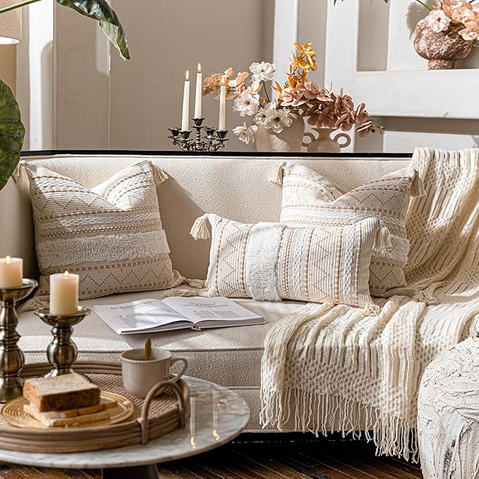 BlissBlush Decorative Throw Pillow Cover 18X18 Combo Set of 2 Square Cream Neutral White Boho Accent Pillowcase Tassels Farmhouse Cushion for Couch Sofa Bedroom Living Room Home Décor Cover ONLY