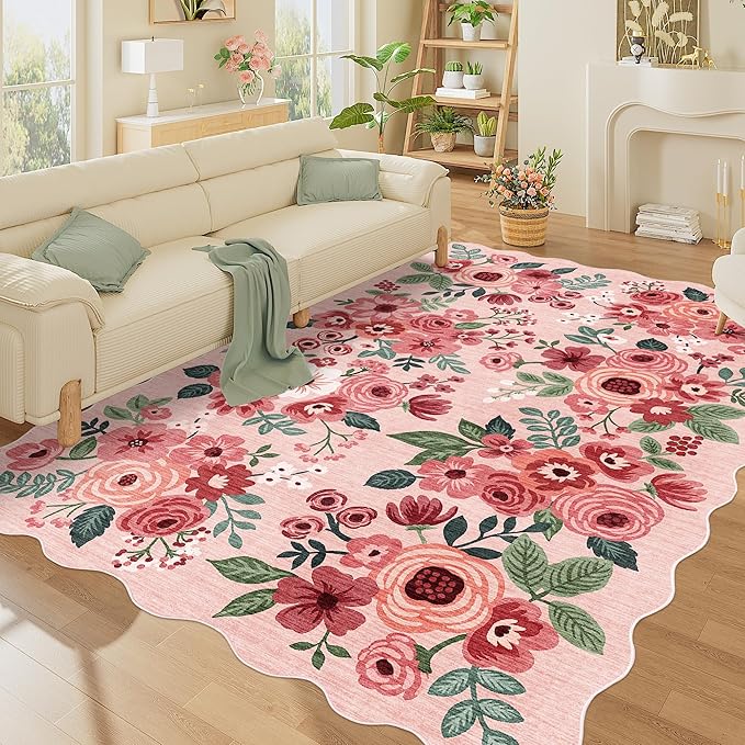DUKINO 6x9 Area Rug, Floral Washable Rugs for Living Room with Non Slip Backing & Non-Shedding, Lightwight Low Pile Boho Design Large Carpets for Bedroom, Living Room, Dining Room, Pink