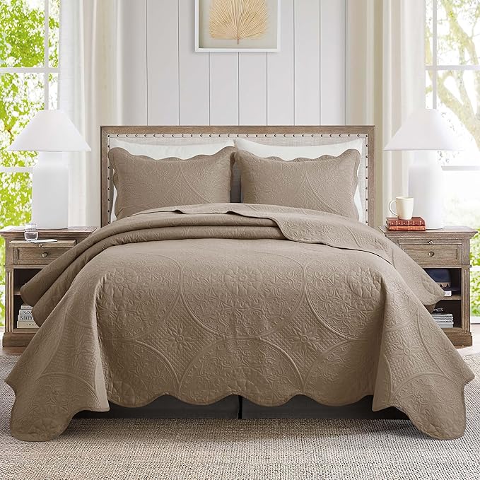 IR Imperial Rooms King Quilt Bedding Set Size (106" x 96") + 2 Pillow Shams (20" x 36"+ 2") - 3 Pcs All Season Lightweight Reversible Microfiber Coverlet Floral Embossed Quilt Bedspread (Beige)