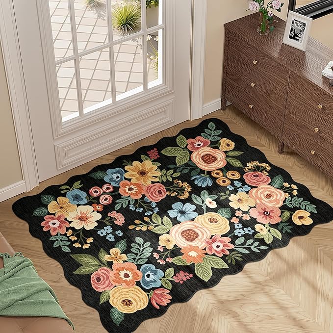 DUKINO 2x3 Entryway Rug, Floral Washable Indoor Door Mat with Non-Slip Backing, Soft Low Pile Small Front Door Throw Rugs for Entryway, Kitchen, Bedroom, Laundry, Bathroom,Black