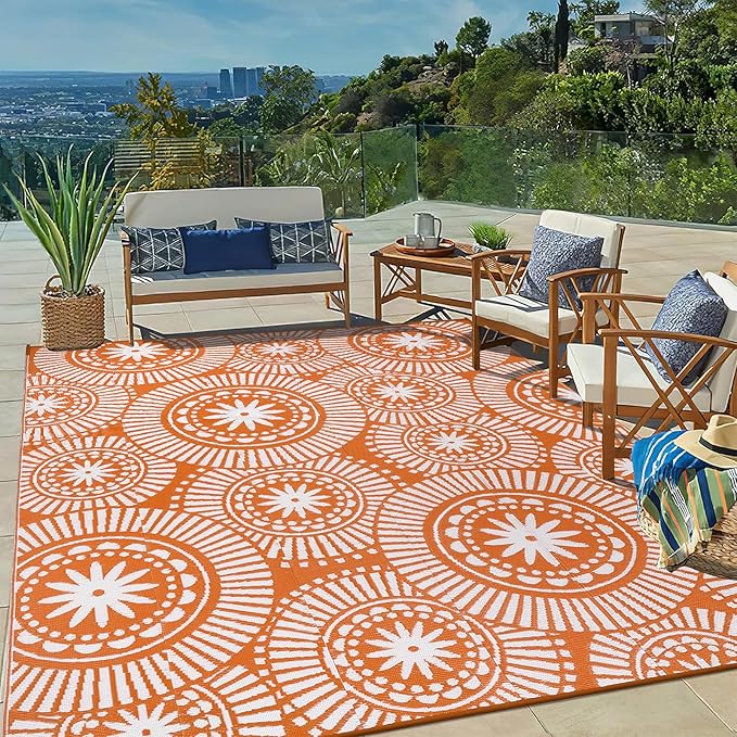 Ileading Large Plastic Outdoor Rug 8x10ft Modern Geometric Style Reversible Patio Area Rugs Waterproof Non Shedding Portable Carpets for Rv Outside Deck Pool Beach Picnic Camping (Orange)