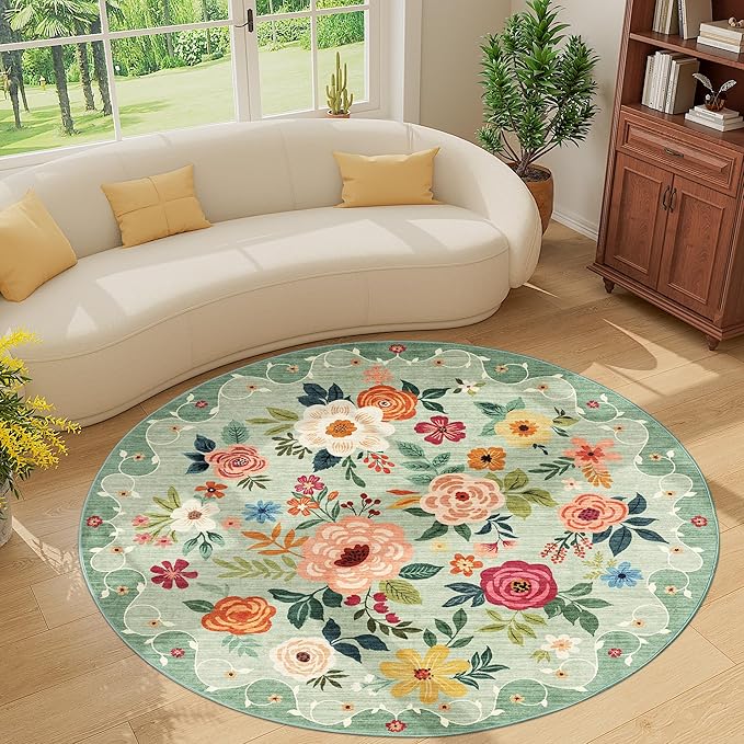 DUKINO Floral Round Rug, 6ft Washable Circle Rug, Non Slip Indoor Low Pile Circle Rug, Soft Small Boho Design Carpet for Bedroom, Entryway, Living Room, Dining Room, Green