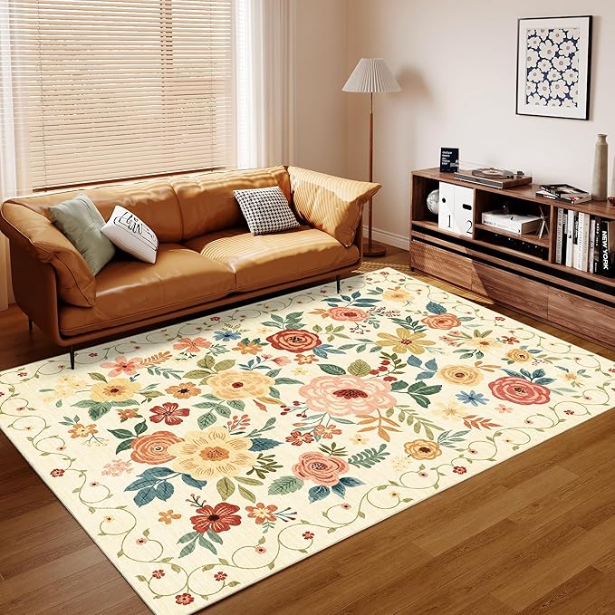 DUKINO 8x10 Area Rug, Floral Rugs for Living Room, Lightweight Non Slip Washable Rug, Indoor Low Pile & Non-Shedding Boho Design Rugs for Bedroom, Living Room, Dining Room, Beige Yellow