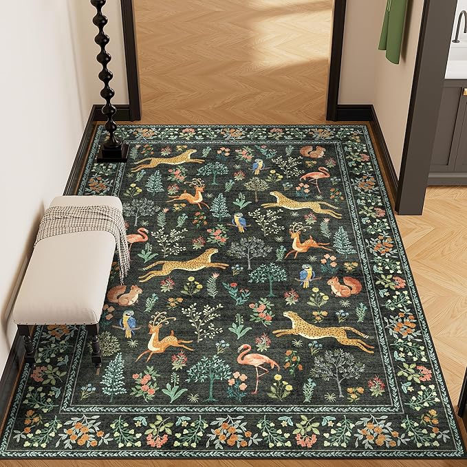 DUKINO 4x6 Rug, Washable Animal Area Rug with Non Slip Vintage Design, Indoor Soft Low Pile Carpet for Bedroom, Nursery, Dining Room, Farmhouse, Playroom, Black