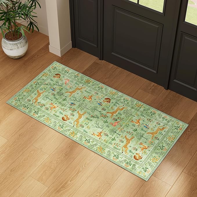 DUKINO 2x5 Rug for Hallway, Washable Kitchen Runner Rug with Non Slip Backing, Soft Low Pile Vintage Animal Runner for Bedroom, Kitchen, Hallway, Entryway, Laundry, Light Green