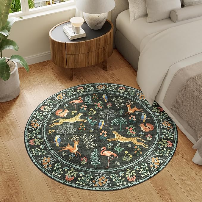 DUKINO 4ft Round Rug, Washable Round Area Rug, Non Slip Indoor Low Pile Animal Design, Soft Small Vintage Circle Carpet for Bedroom, Entryway, Living Room, Dining Room, Black