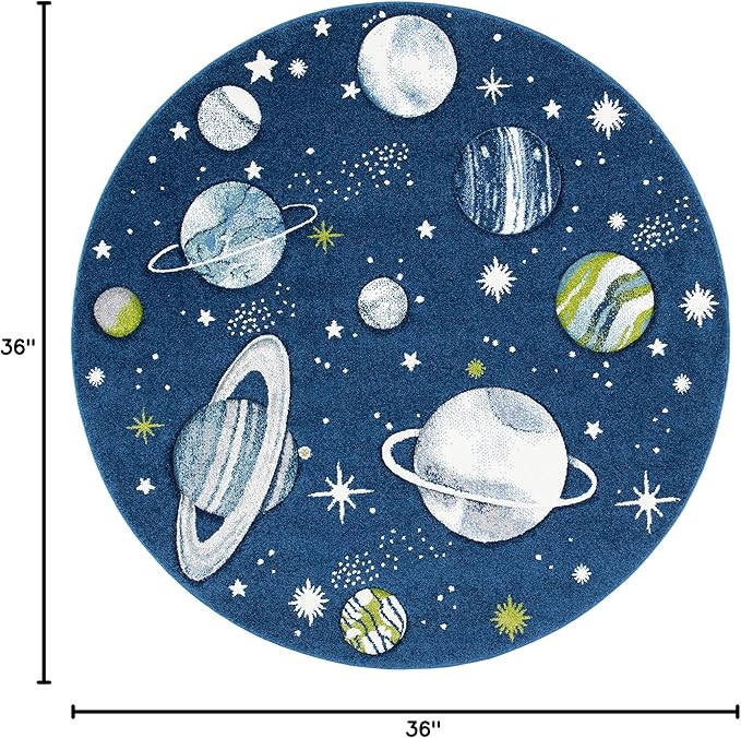SAFAVIEH Carousel Kids Collection 3' Round Navy/Ivory CRK103N Outer Space Non-Shedding Playroom Nursery Bedroom Area Rug