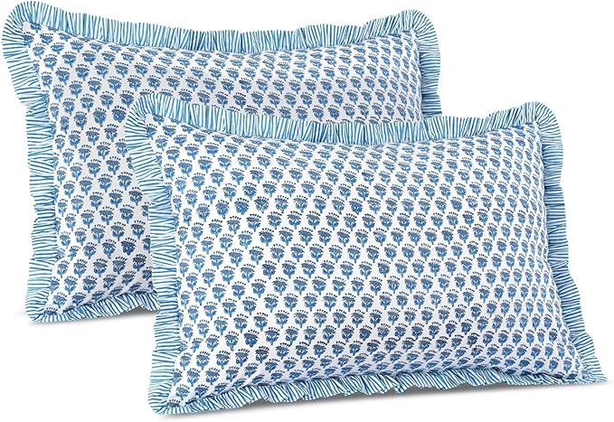CPC Apatite Blue 100% Cotton Block Print Ruffle Sham Cover 20X30 inch Pack of 2, Handmade Boho Floral Pillowcase, Soft Decorative Lumar Cushion Cover for Bedroom Décor