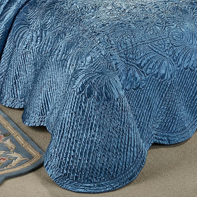 Touch of Class Portia Luxury Bedding | Sapphire | Quilted Polyester Satin | Romantic Hand Guided Machine Quilted Scroll Design 7 Piece Set with King Bedspread, 2 King Shams, 4 Pillows