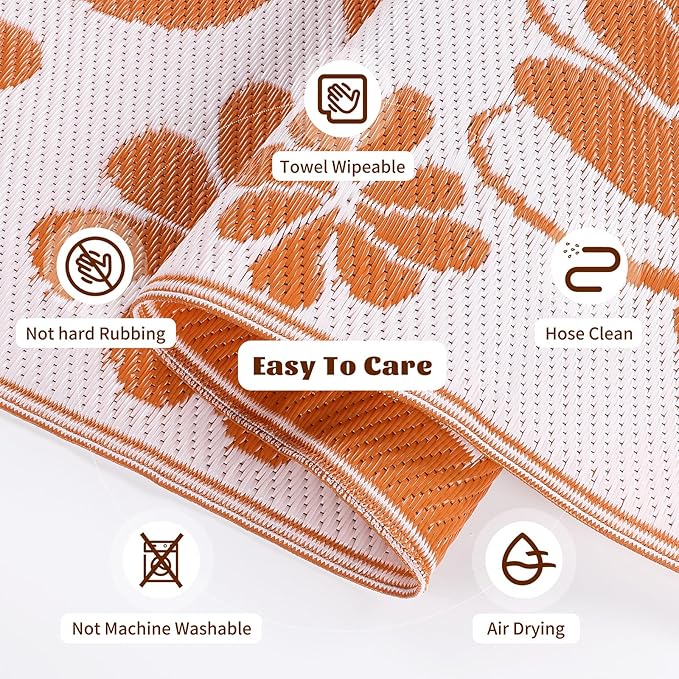 Ileading Outdoor Plastic Straw Rug 5x8ft Funny Floral Style Reversible Patio Area Rugs Waterproof Non Shedding Portable Carpets for Rv Outside Deck Pool Beach Picnic Camping (Orange)