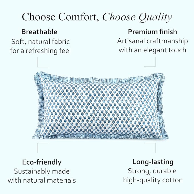 CPC Apatite Blue 100% Cotton Block Print Ruffle Sham Cover 20X36 inch Pack of 2, Handmade Boho Floral Pillowcase, Soft Decorative King Bed Pillow Cover for Bedroom Décor