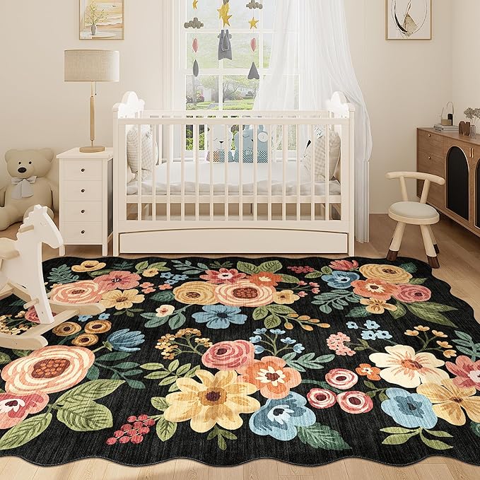 DUKINO 4x6 Area Rug, Floral Non-Slip Indoor Washable Rug with Low Pile & Non-Shedding, Lightwight Boho Design Carpet for Entryway, Bedroom, Kids Room, Living Room, Kitchen, Black