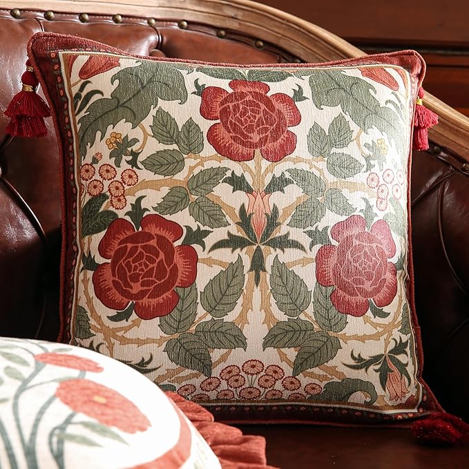Vintage Square Throw Pillow Covers,Red Cozy Velvet with Leaves and Floral Pattern Pillowcases,Decoration Pillows Cushion Covers for Living Room Couch Sofa Bed Car Chair,18"x18"