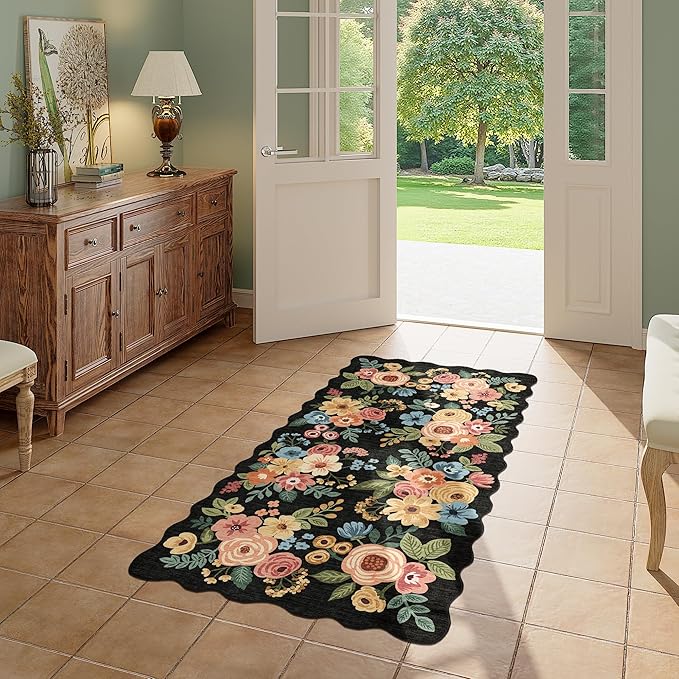 DUKINO 2x4 Washable Runner Rugs, Non Slip Floral Print Entryway Rug with Soft Low Pile, Lightweight Mat for Living Room, Bathroom, Bedroom, Kitchen, Black